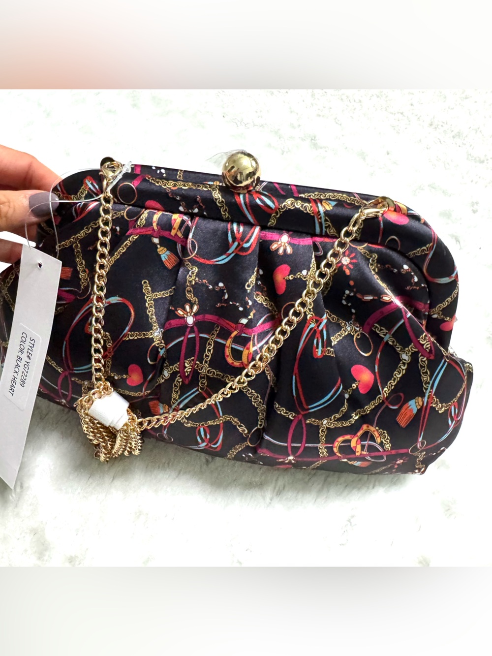 NWT- Alessia Bianchi equestrian chain print satin clutch purse - Picture 6 of 16